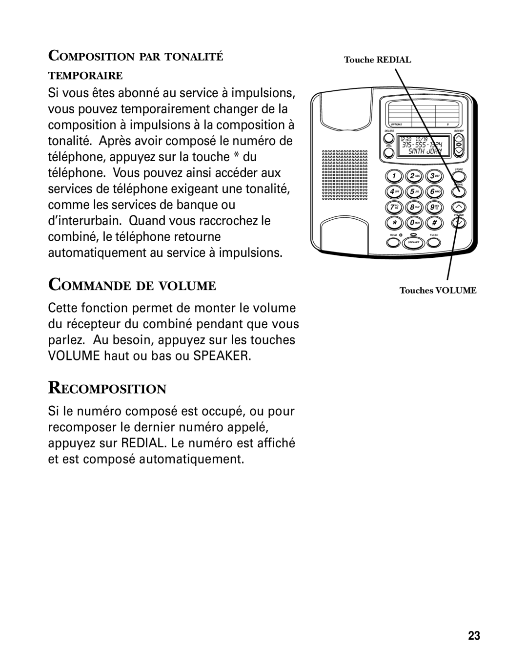 GE 29391 manual Commande DE Volume, Recomposition, Touche Redial, Touches Volume 