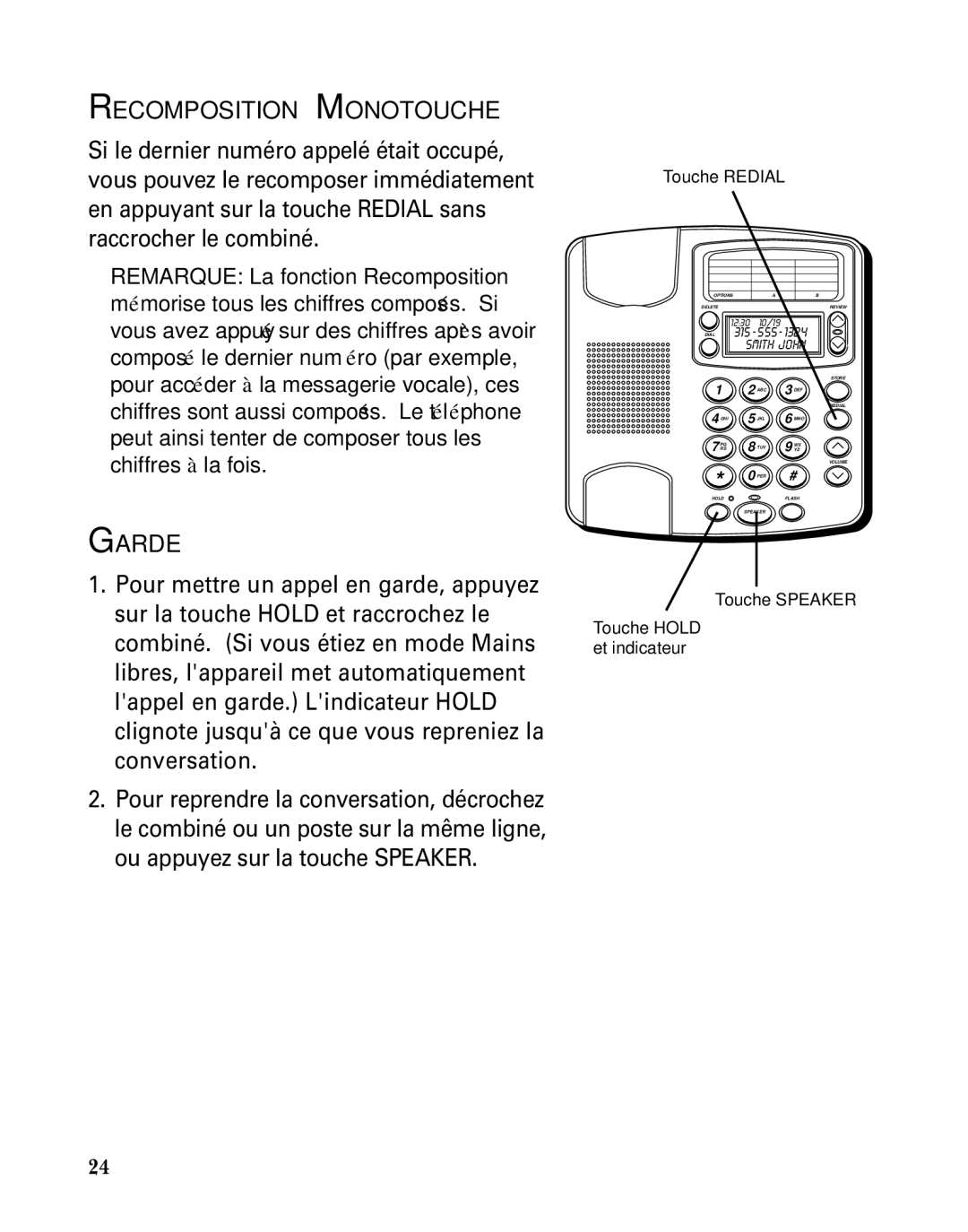 GE 29391 manual Recomposition Monotouche, Garde, Touche Speaker Touche Hold et indicateur 