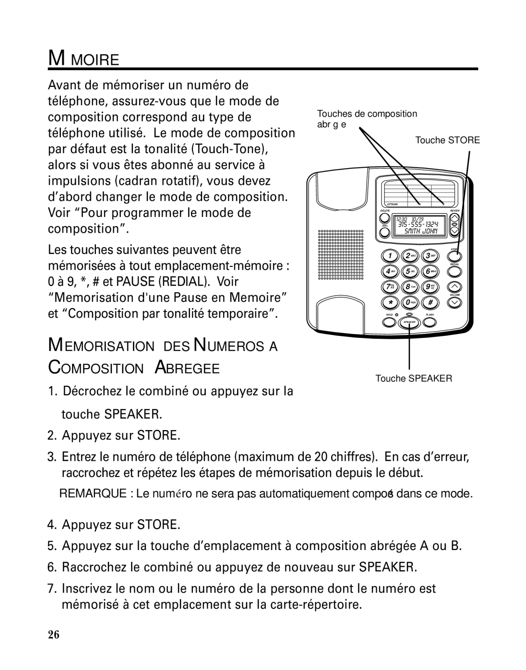 GE 29391 manual Mémoire, Memorisation DES Numeros a Composition Abregee, Touches de composition abrégée Touche Store 