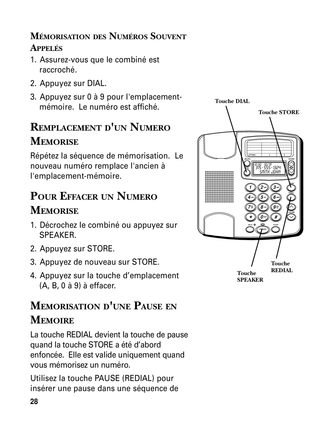 GE 29391 Remplacement DUN Numero Memorise, Pour Effacer UN Numero Memorise, Memorisation Dune Pause EN Memoire, Touche 