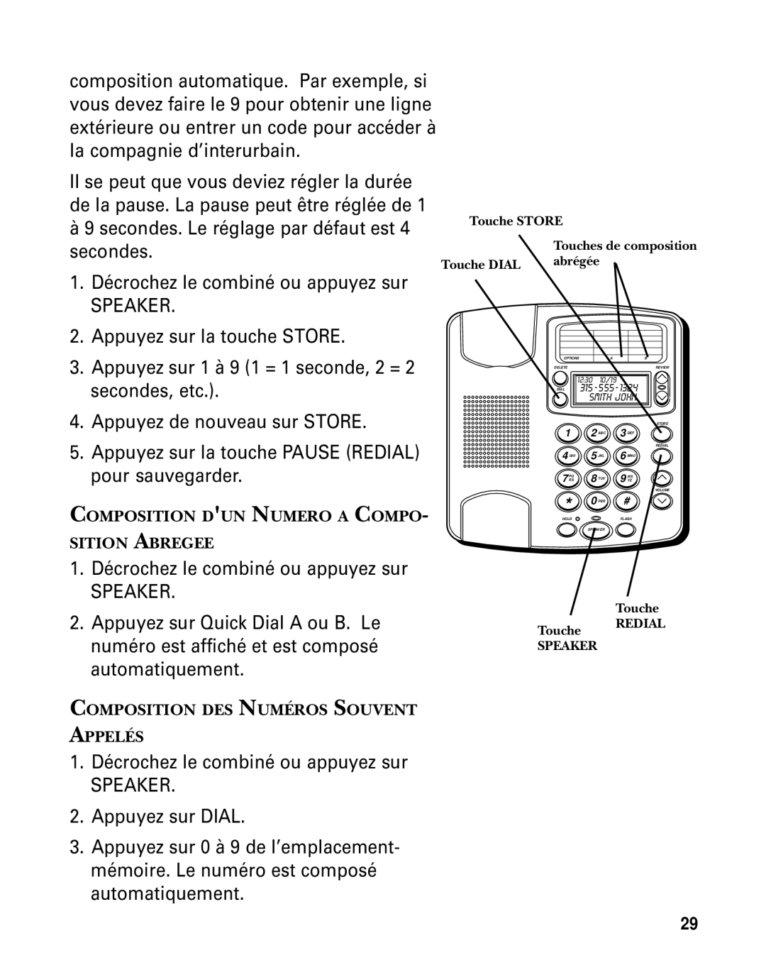 GE 29391 manual Composition DUN Numero a Compo Sition Abregee, Touche Store Touches de composition Touche Dial Abrégée 