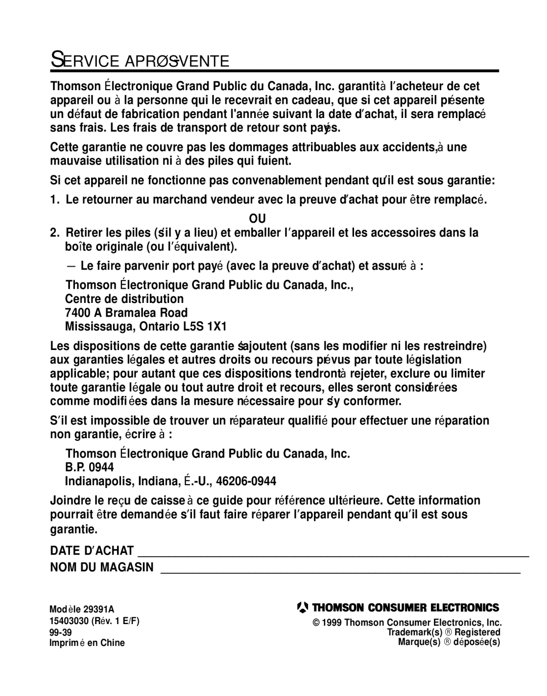 GE 29391 manual Service APRÈS-VENTE, NOM DU Magasin 