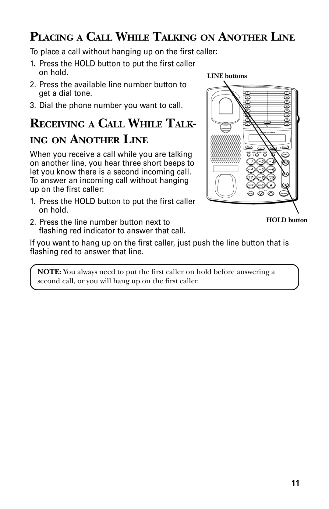 GE 29438 manual Placing a Call While Talking on Another Line, Receiving a Call While Talk ING on Another Line 