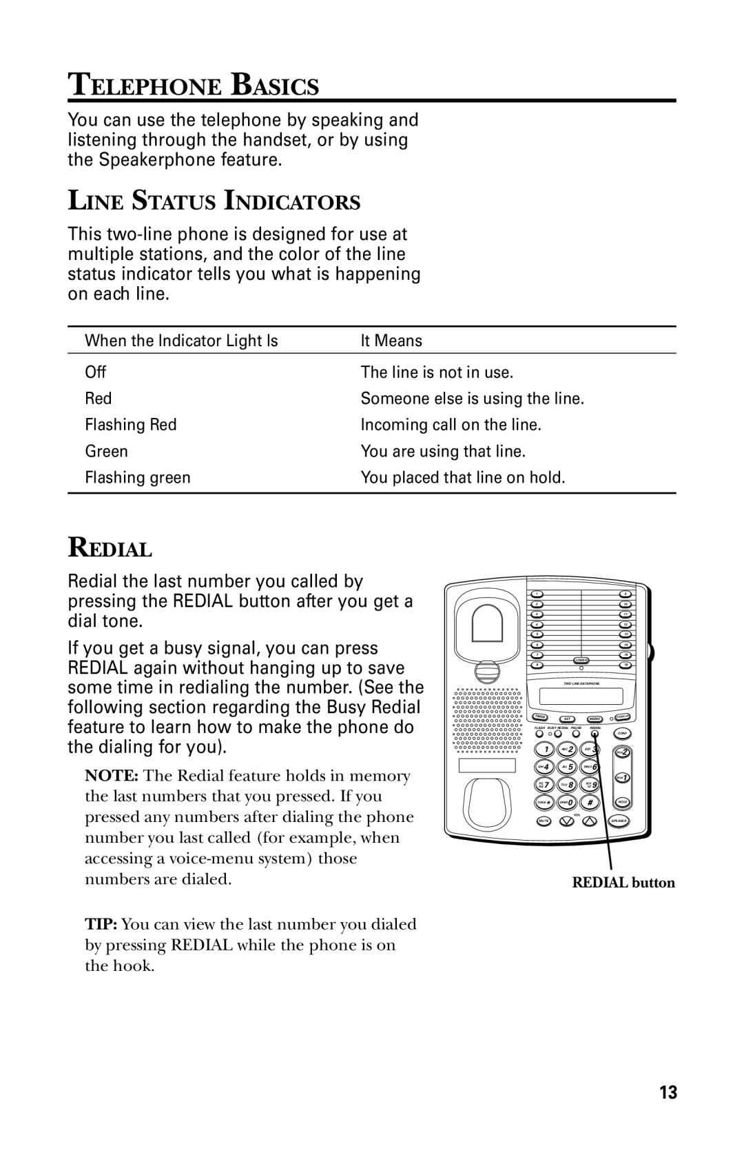 GE 29438 manual Telephone Basics, Line Status Indicators, Redial 