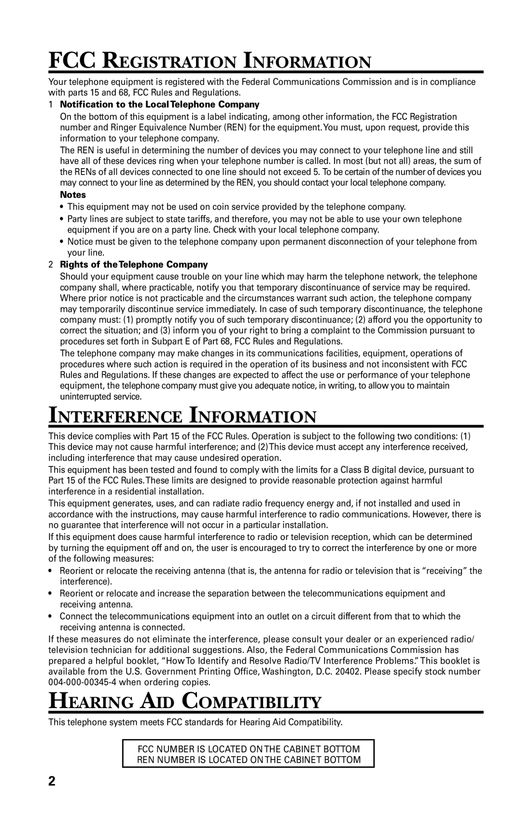 GE 29438 manual FCC Registration Information, Interference Information, Hearing AID Compatibility 