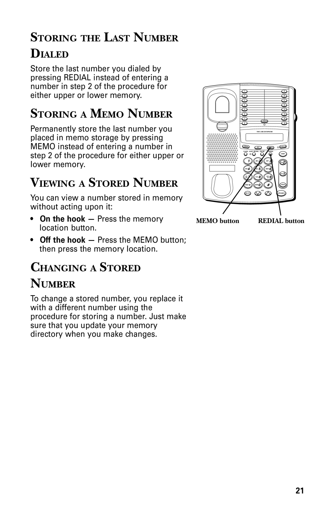 GE 29438 manual Storing the Last Number Dialed, Storing a Memo Number, Viewing a Stored Number, Changing a Stored Number 