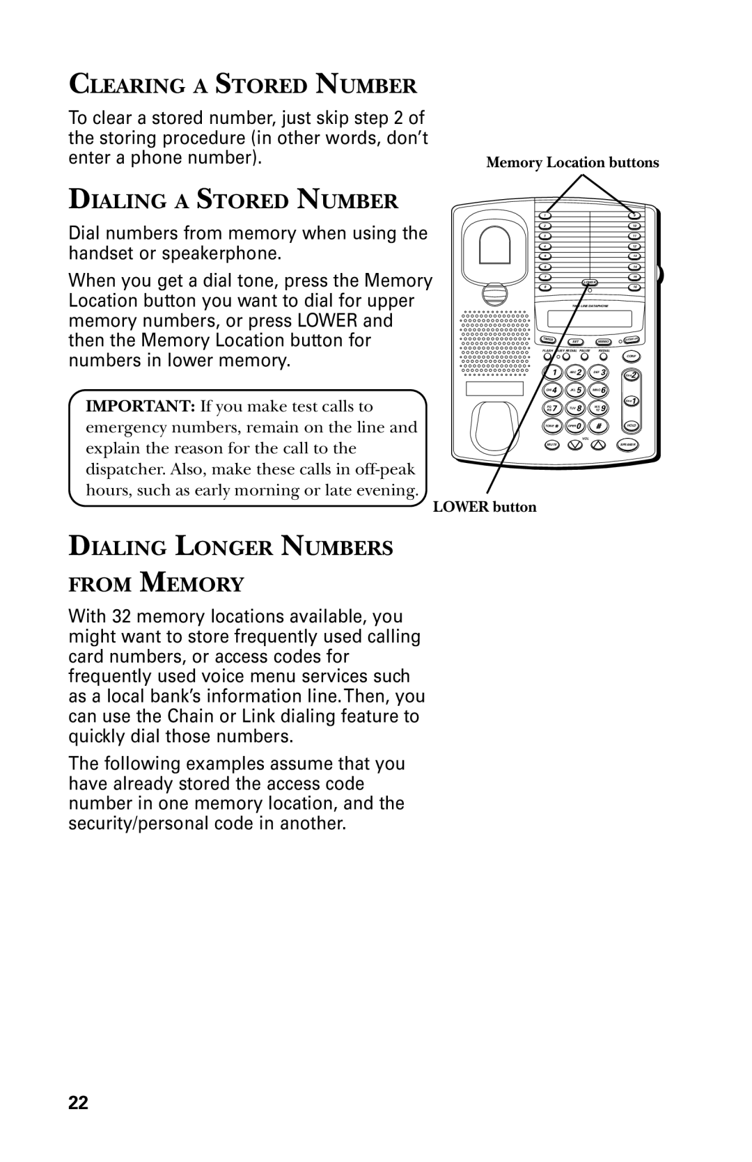 GE 29438 manual Clearing a Stored Number, Dialing a Stored Number, Dialing Longer Numbers From Memory 