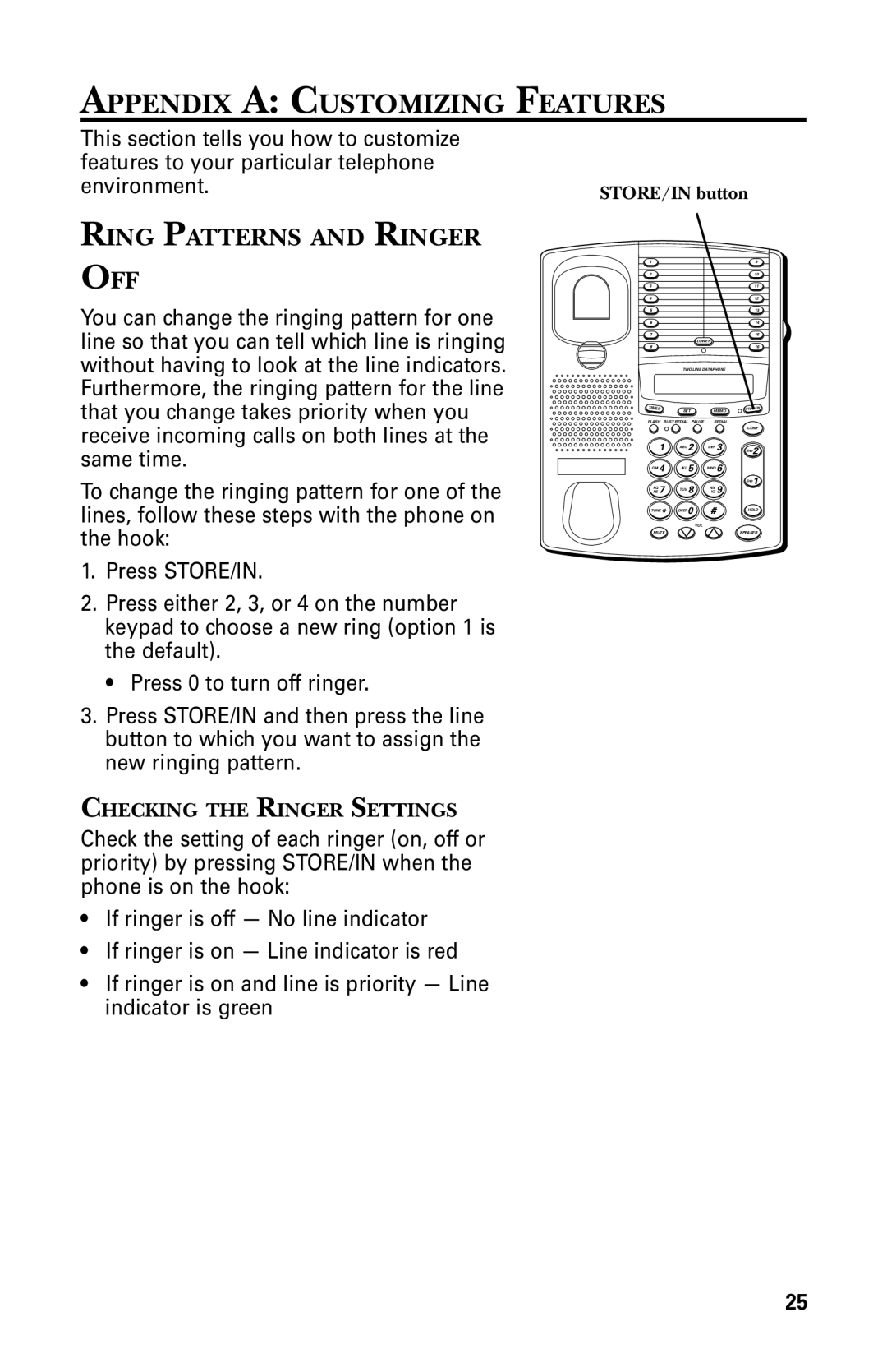 GE 29438 manual Appendix a Customizing Features, Ring Patterns and Ringer OFF 