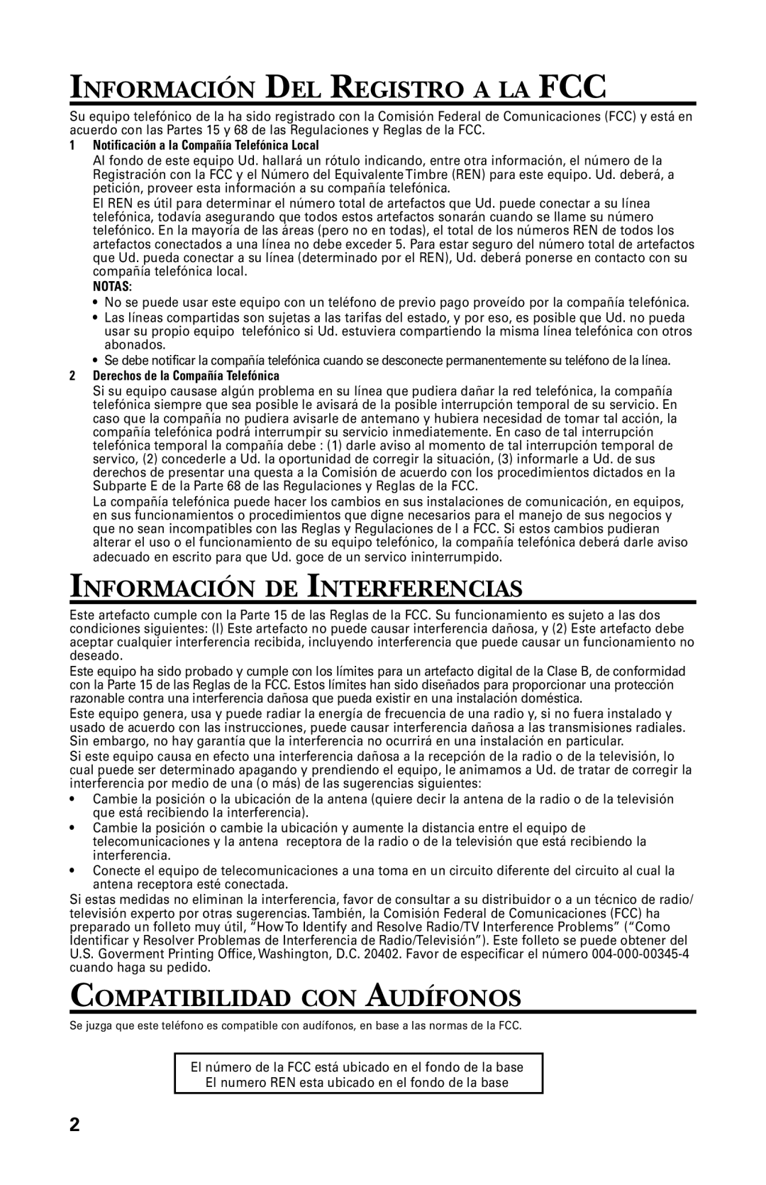 GE 29438 manual Información DEL Registro a LA FCC, Información DE Interferencias, Compatibilidad CON Audífonos 