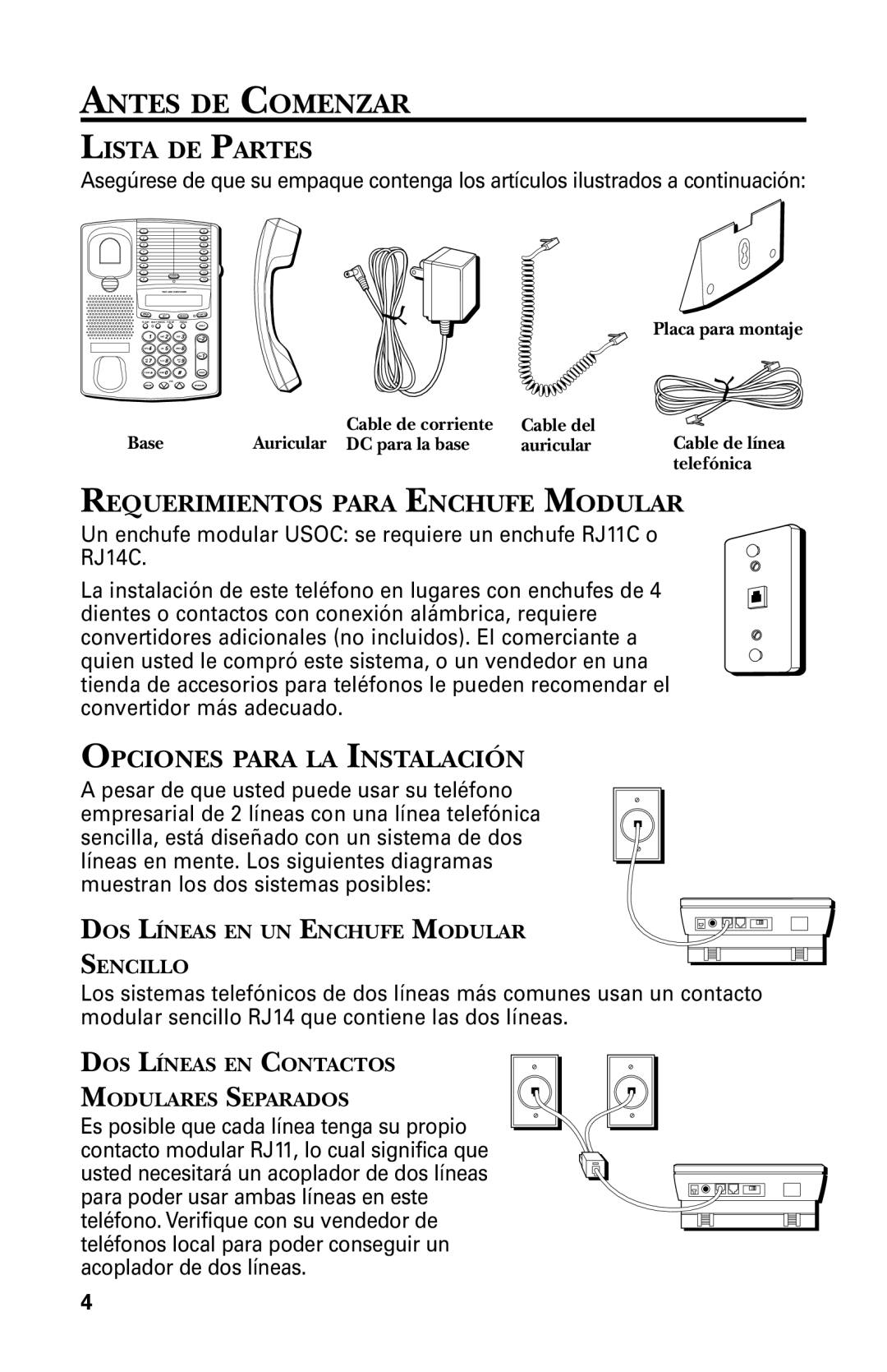 GE 29438 manual Antes DE Comenzar, Lista DE Partes, Requerimientos Para Enchufe Modular, Opciones Para LA Instalación 