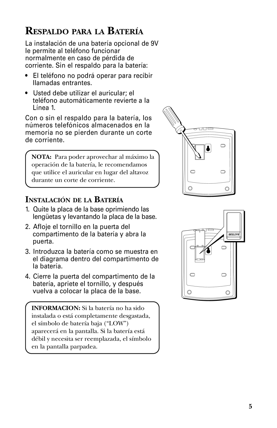 GE 29438 manual Respaldo Para LA Batería 