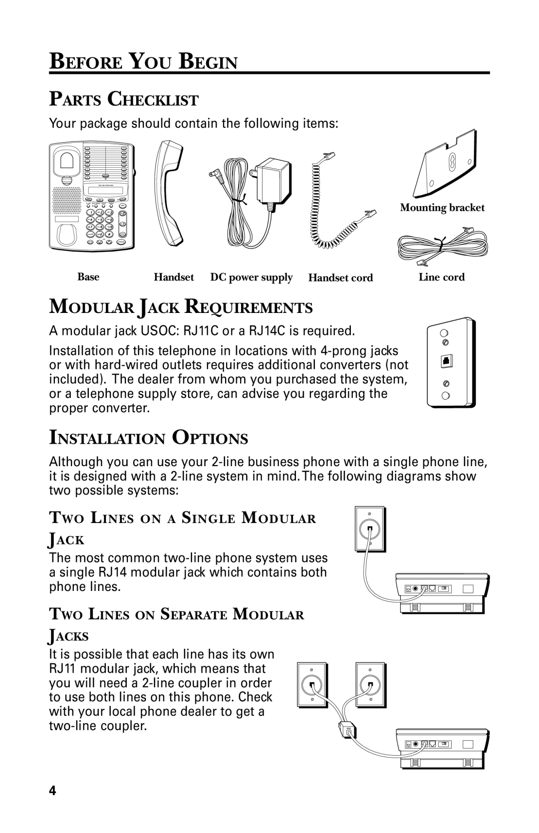 GE 29438 manual Before YOU Begin, Parts Checklist, Modular Jack Requirements, Installation Options 