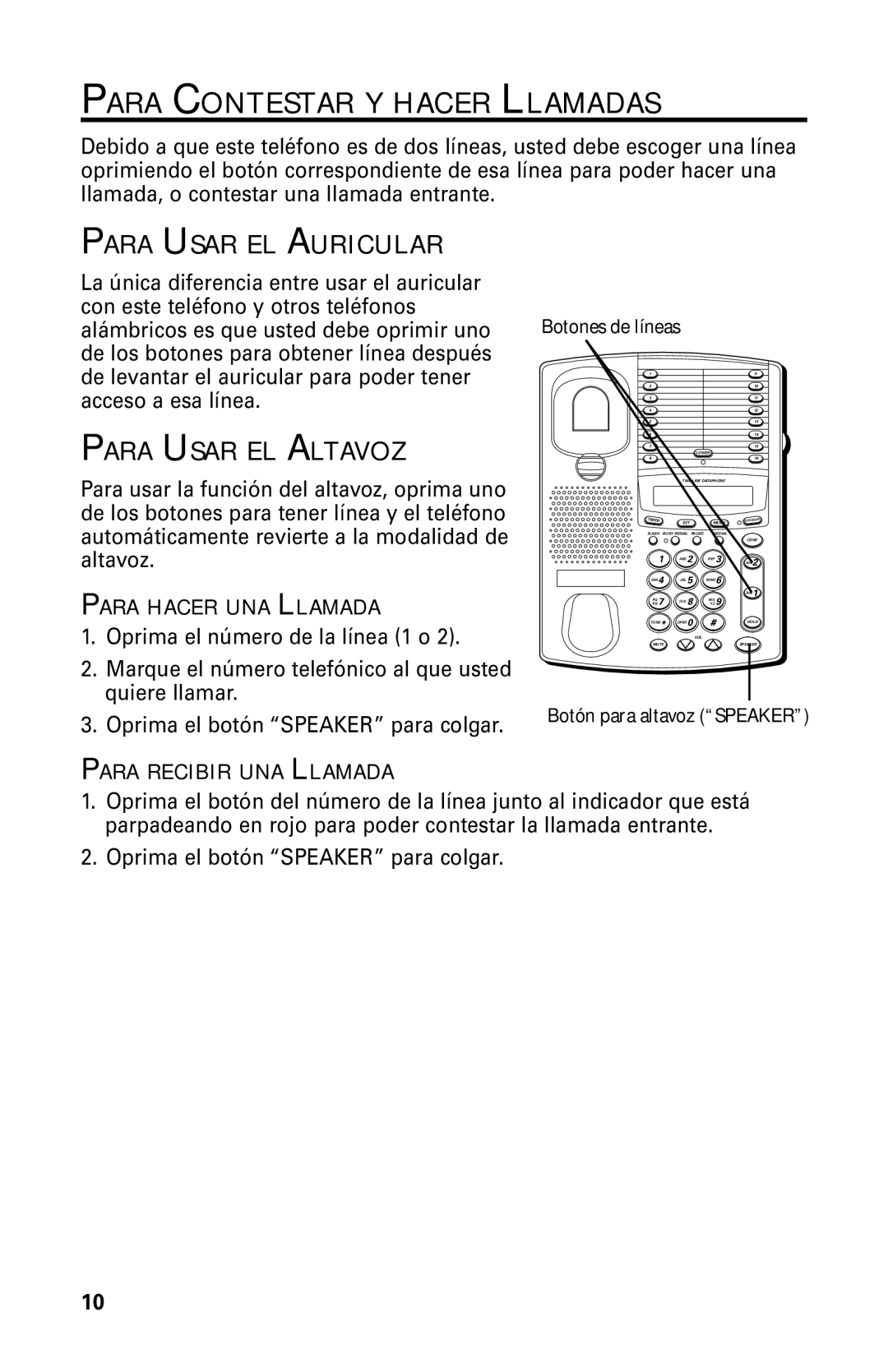 GE 29438 manual Para Contestar Y Hacer Llamadas, Para Usar EL Auricular, Para Usar EL Altavoz 