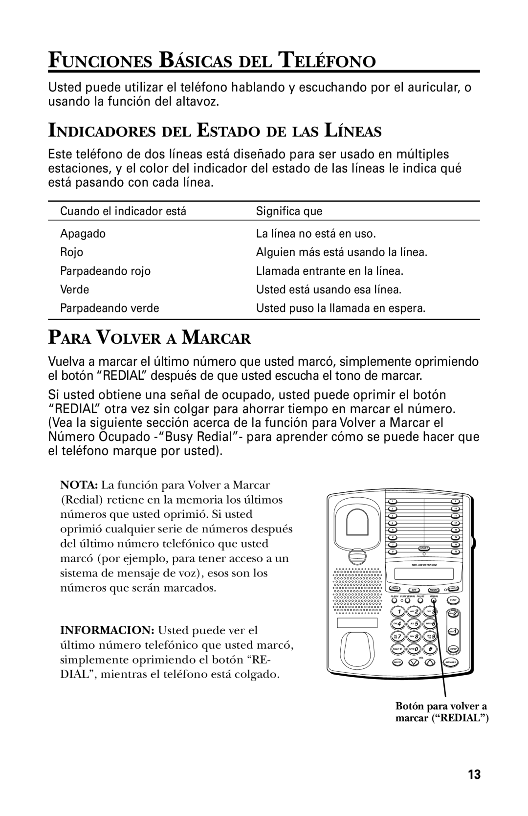 GE 29438 manual Funciones Básicas DEL Teléfono, Indicadores DEL Estado DE LAS Líneas, Para Volver a Marcar 