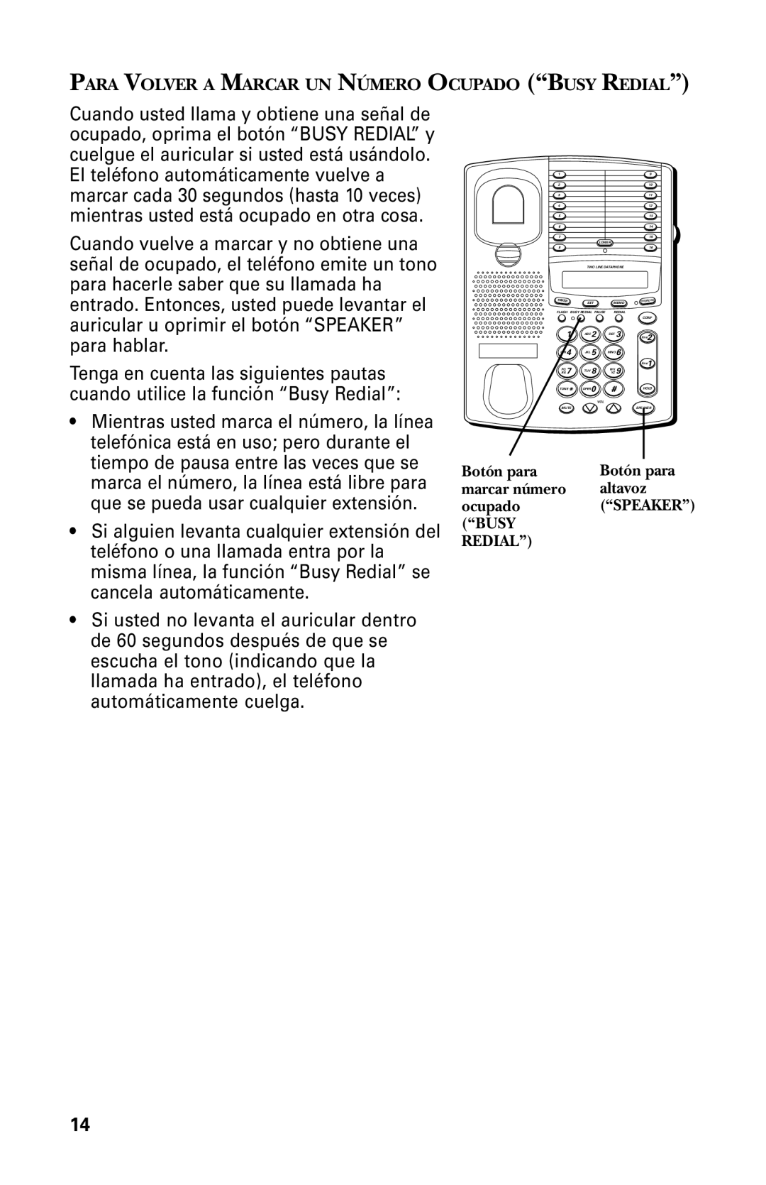 GE 29438 manual Para Volver a Marcar UN Número Ocupado Busy Redial 