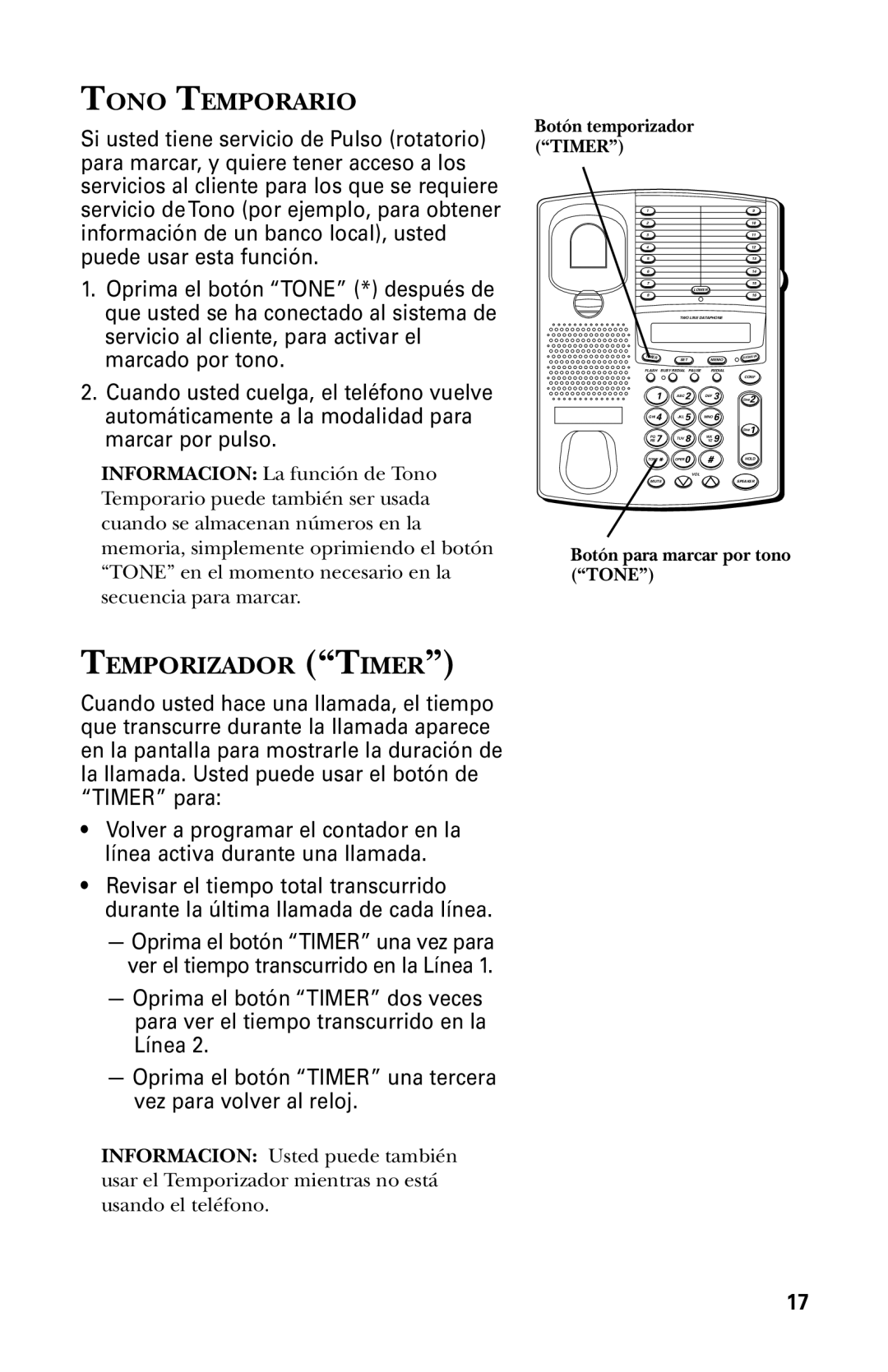 GE 29438 manual Tono Temporario, Temporizador Timer 