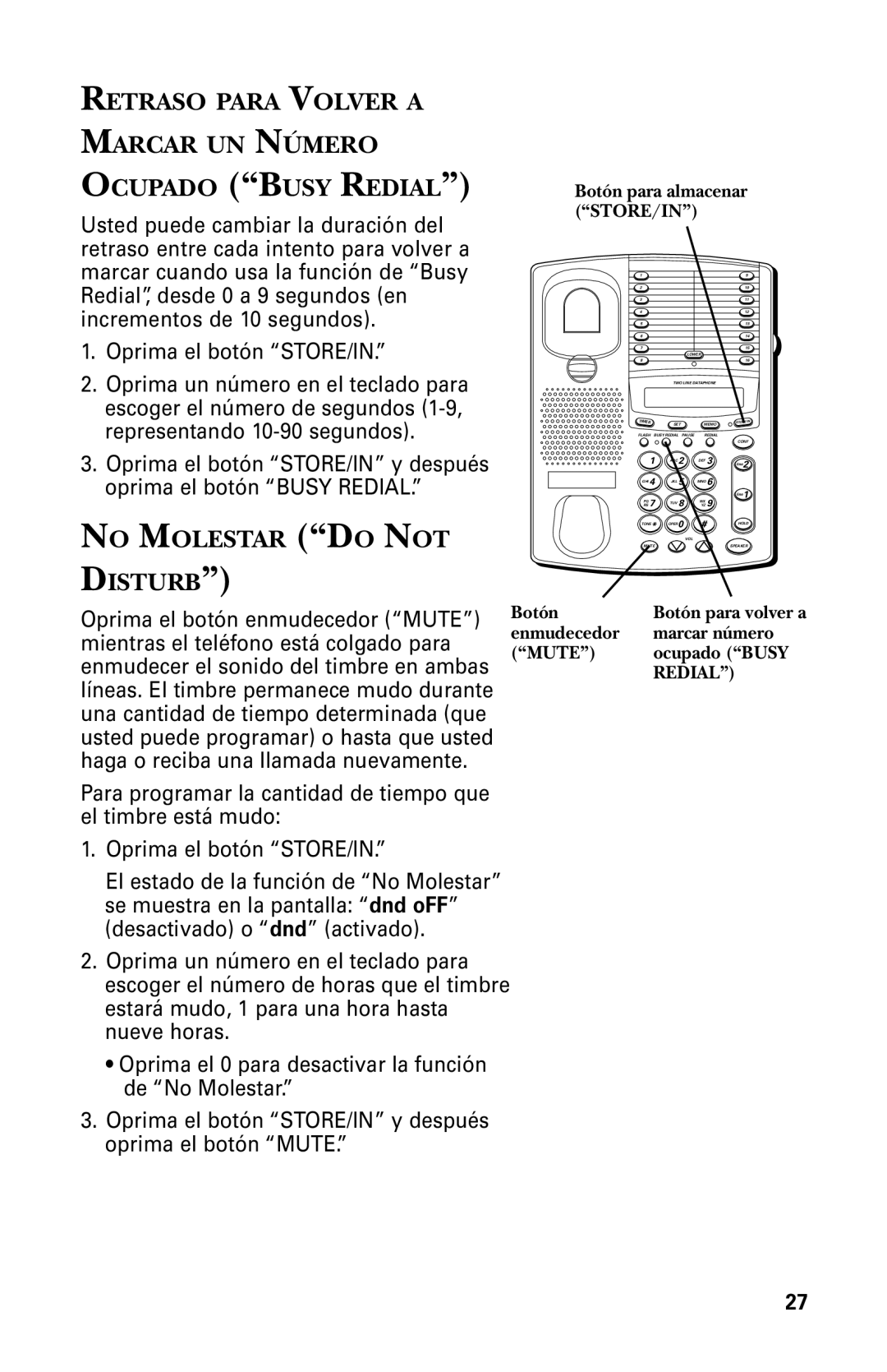 GE 29438 manual Retraso Para Volver a Marcar UN Número Ocupado Busy Redial, No Molestar do not Disturb 