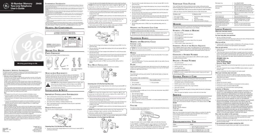 GE 29480 warranty Hearing AID Compatibility, Before YOU Begin, Installation & Setup, Telephone Basics, Memory 