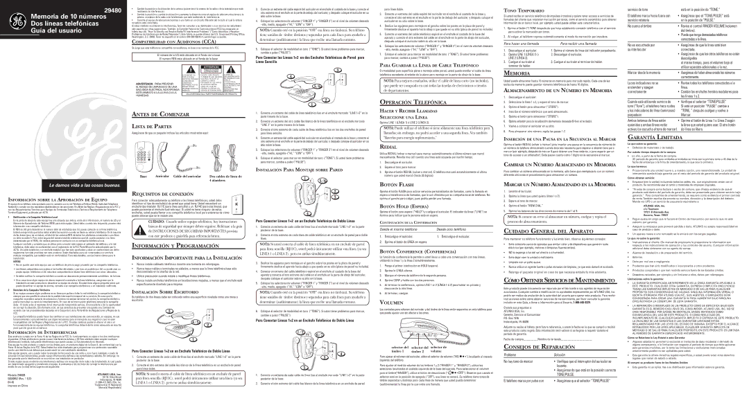 GE 29480 warranty Operación Telefónica, Memoria, Antes DE Comenzar, Información Y Programación, Cuidado General DEL Aparato 