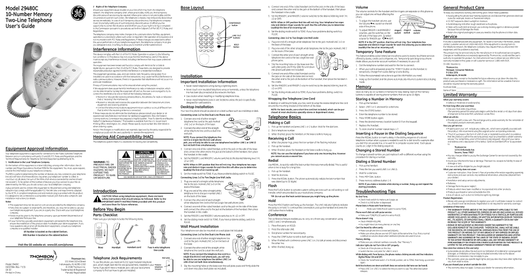 GE 29480C installation instructions Equipment Approval Information, Interference Information, Base Layout, Installation 