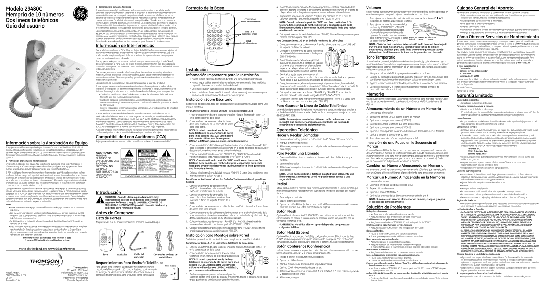 GE 29480C Información de Interferencias, Compatibilidad con Audífonos CCA, Formato de la Base, Instalación, Memoria 