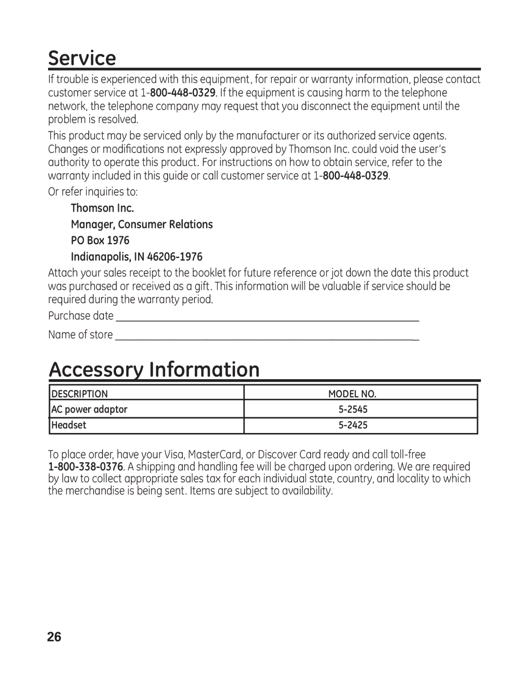 GE 29484 2-Line, 16017970 manual Service, Accessory Information, AC power adaptor Headset, 2545 2425 