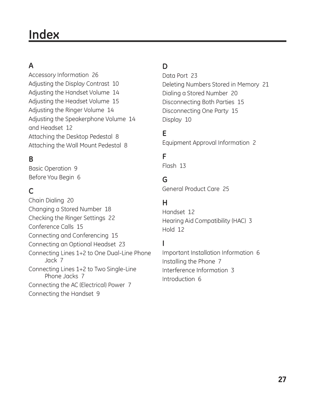 GE 16017970, 29484 2-Line manual Index 