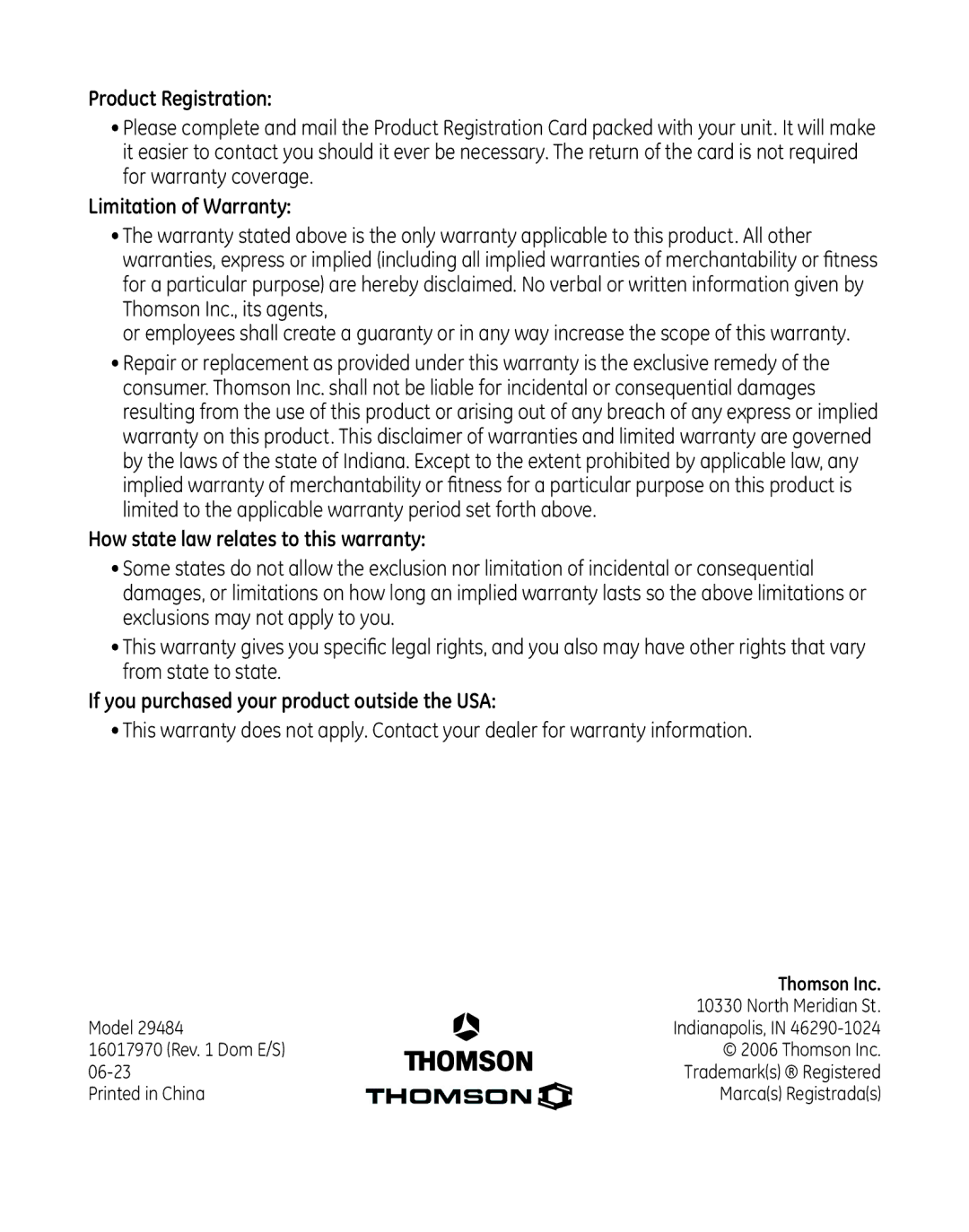 GE 29484 2-Line manual Product Registration, Limitation of Warranty, How state law relates to this warranty, Thomson Inc 