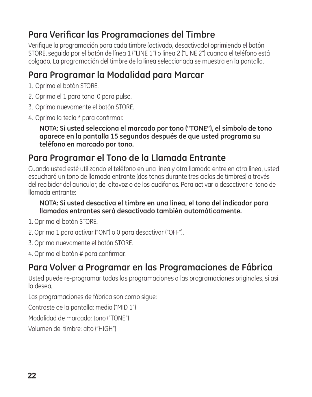 GE 29484 2-Line, 16017970 manual Para Verificar las Programaciones del Timbre, Para Programar la Modalidad para Marcar 