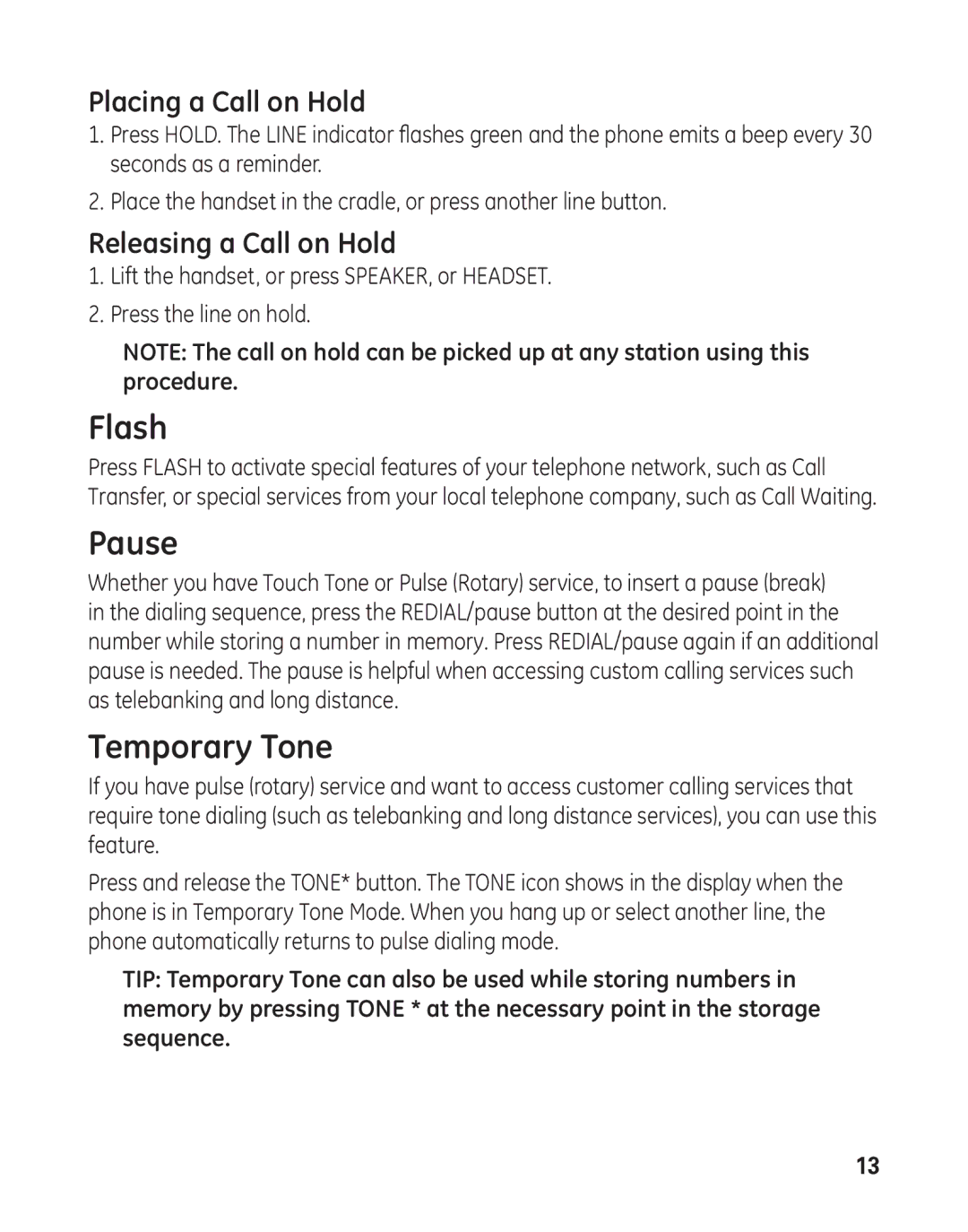 GE 29484GE2 manual Flash, Pause, Temporary Tone, Placing a Call on Hold, Releasing a Call on Hold 