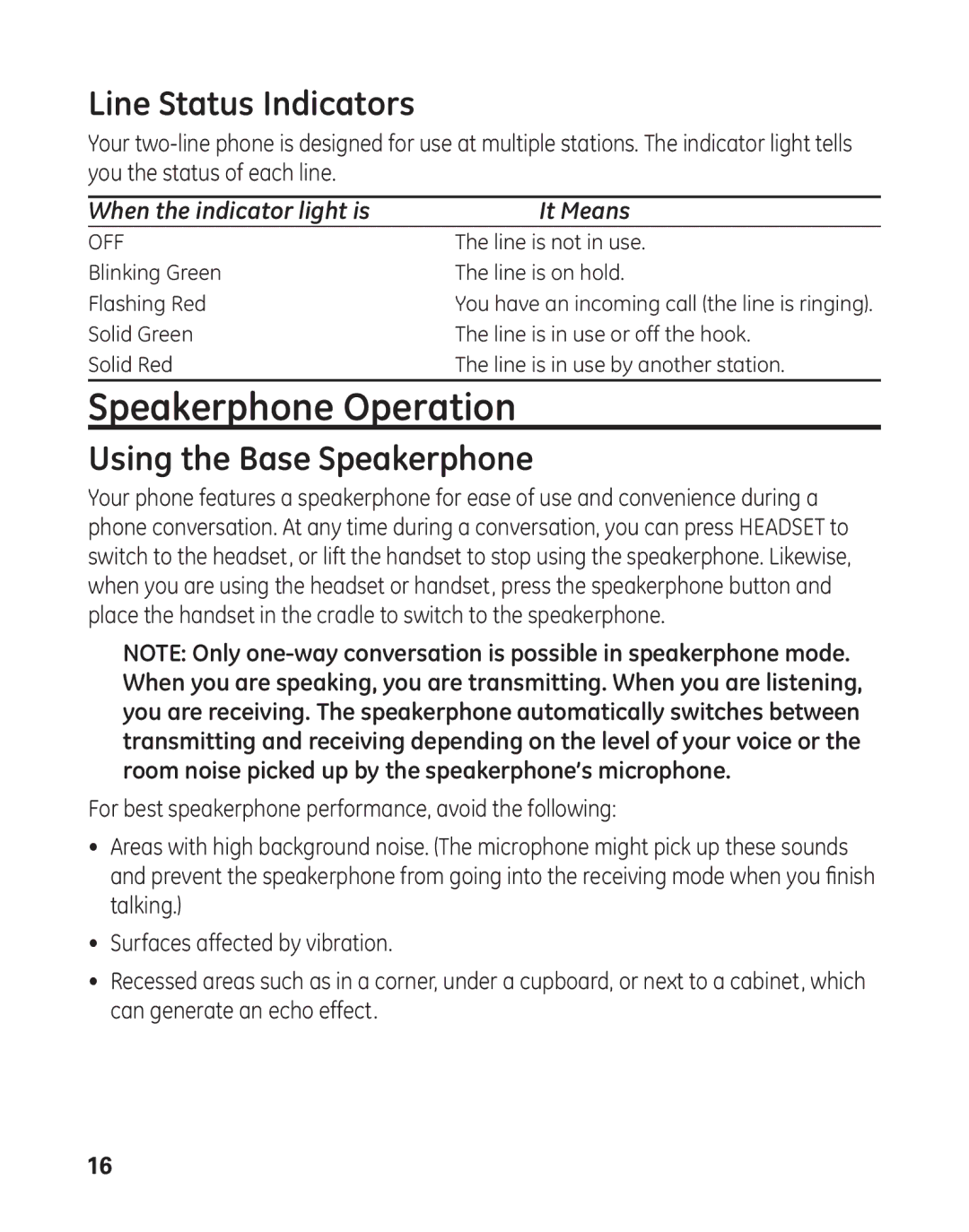 GE 29484GE2 manual Speakerphone Operation, Line Status Indicators, Using the Base Speakerphone 