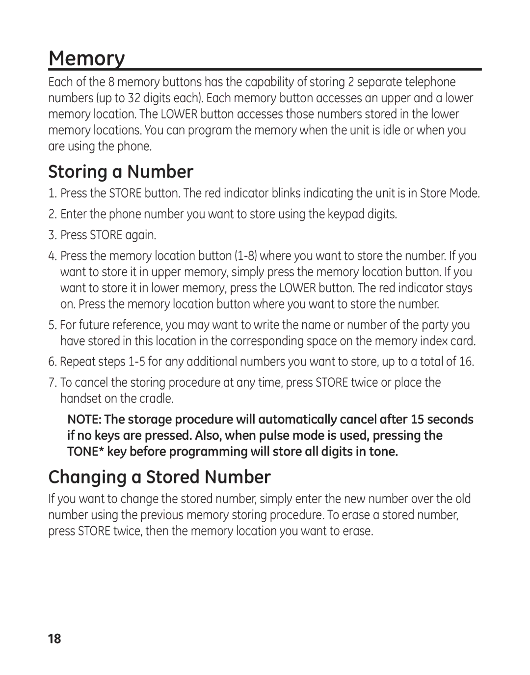 GE 29484GE2 manual Memory, Storing a Number, Changing a Stored Number 