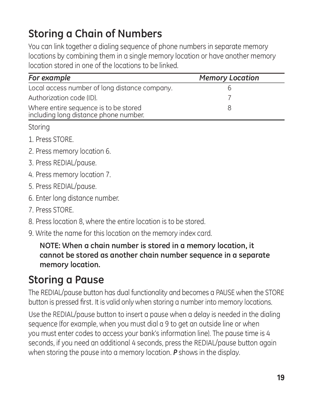 GE 29484GE2 manual Storing a Chain of Numbers, Storing a Pause 