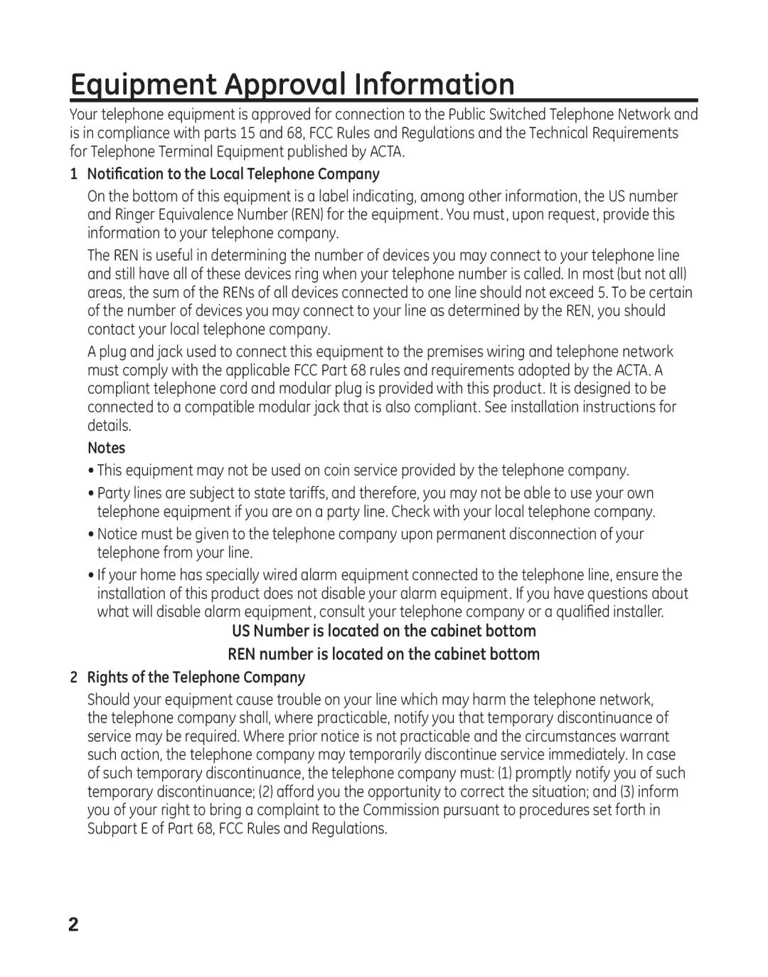 GE 29484GE2 Equipment Approval Information, Notification to the Local Telephone Company, Rights of the Telephone Company 