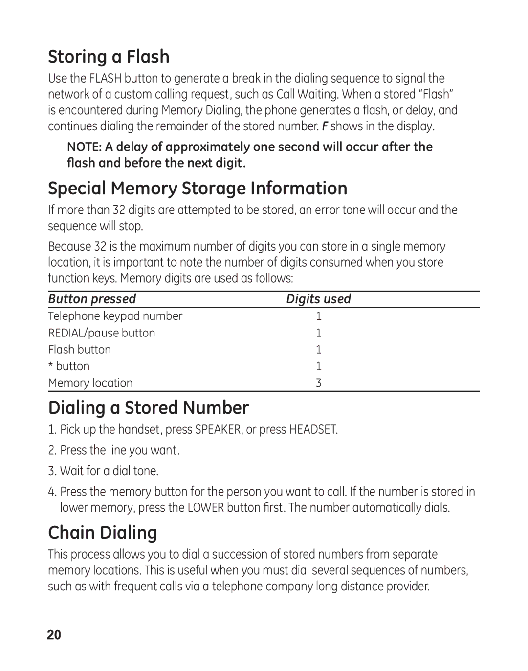 GE 29484GE2 manual Storing a Flash, Special Memory Storage Information, Dialing a Stored Number, Chain Dialing 