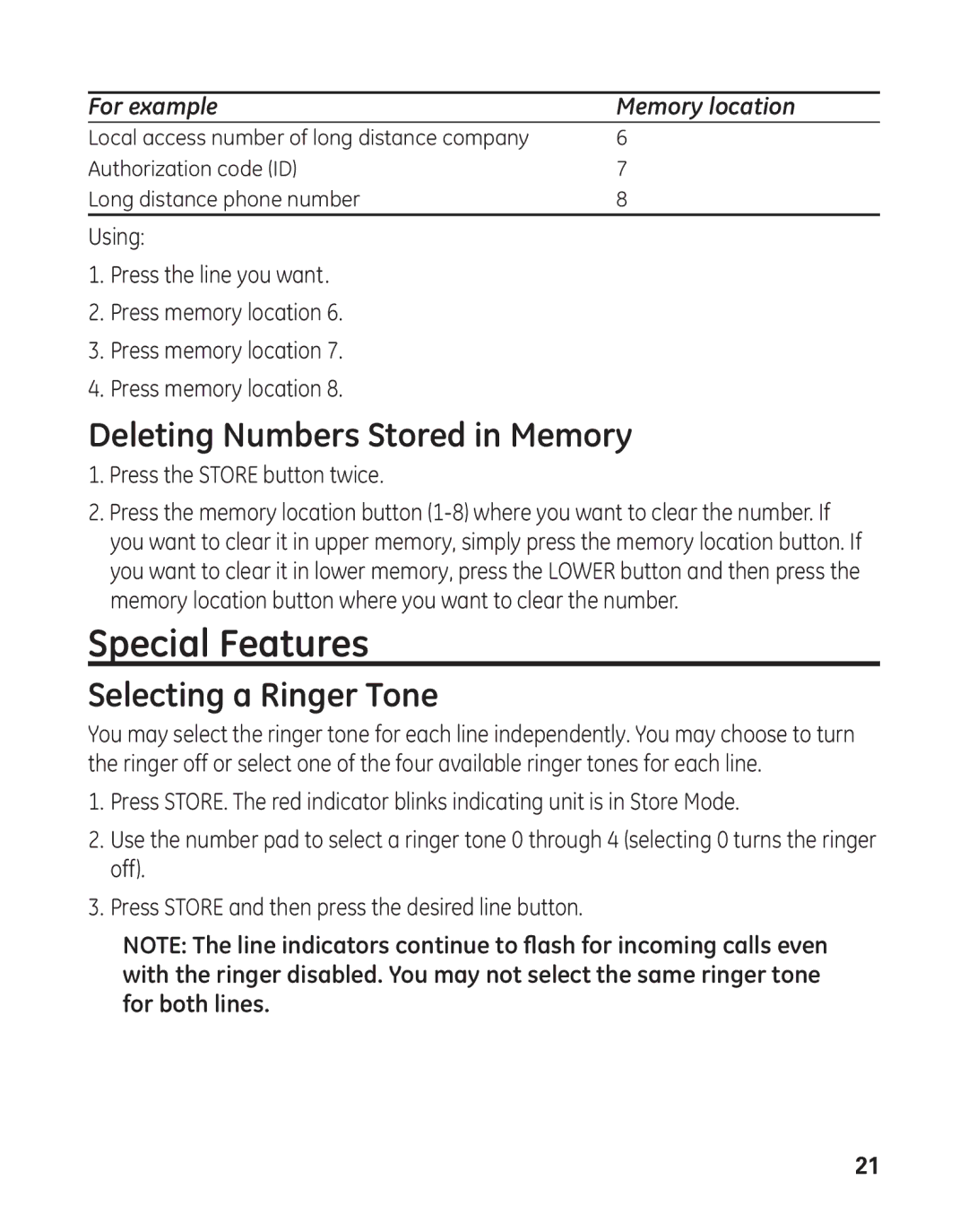 GE 29484GE2 manual Special Features, Deleting Numbers Stored in Memory, Selecting a Ringer Tone 