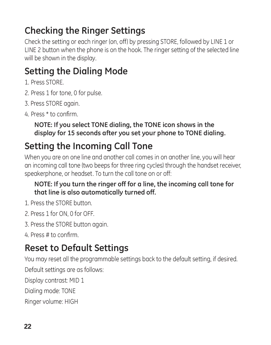 GE 29484GE2 manual Checking the Ringer Settings, Setting the Dialing Mode, Setting the Incoming Call Tone 