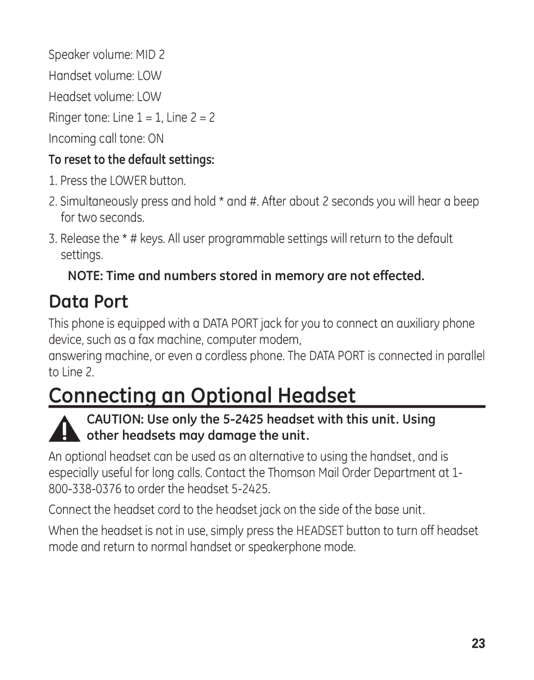 GE 29484GE2 manual Connecting an Optional Headset, Data Port 