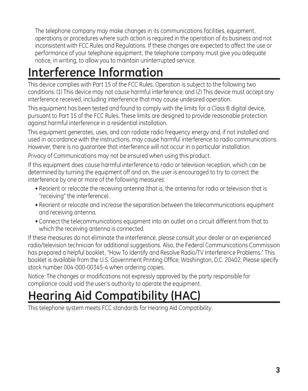 GE 29484GE2 manual Interference Information, Hearing Aid Compatibility HAC 