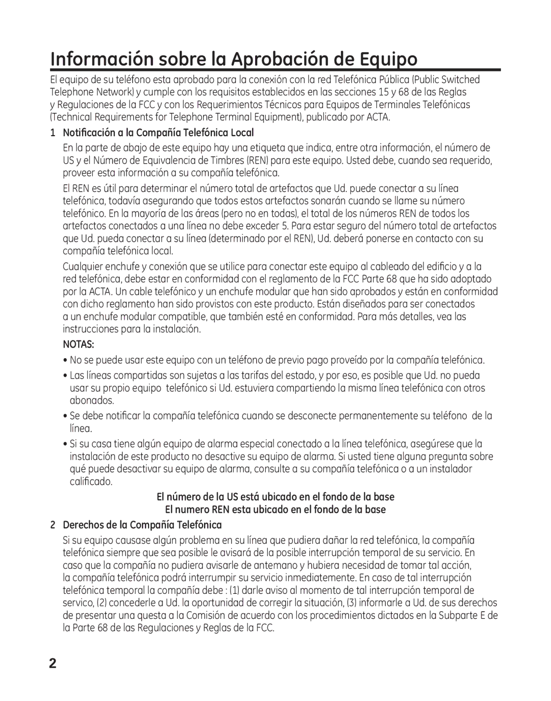 GE 29484GE2 manual Información sobre la Aprobación de Equipo, Notificación a la Compañía Telefónica Local 