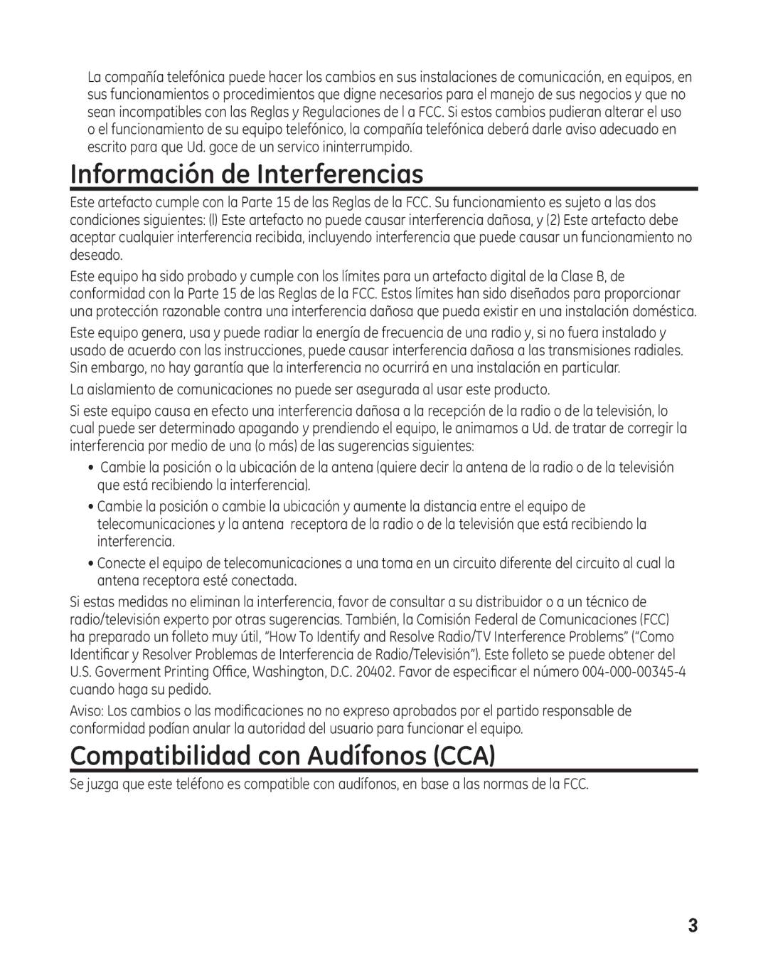 GE 29484GE2 manual Información de Interferencias, Compatibilidad con Audífonos CCA 