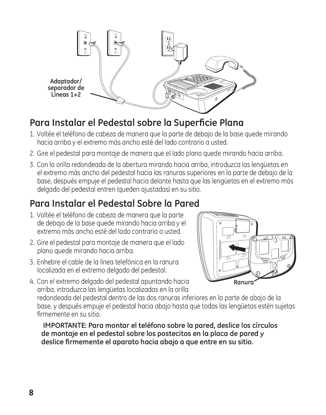 GE 29484GE2 manual Para Instalar el Pedestal sobre la Superficie Plana, Para Instalar el Pedestal Sobre la Pared 