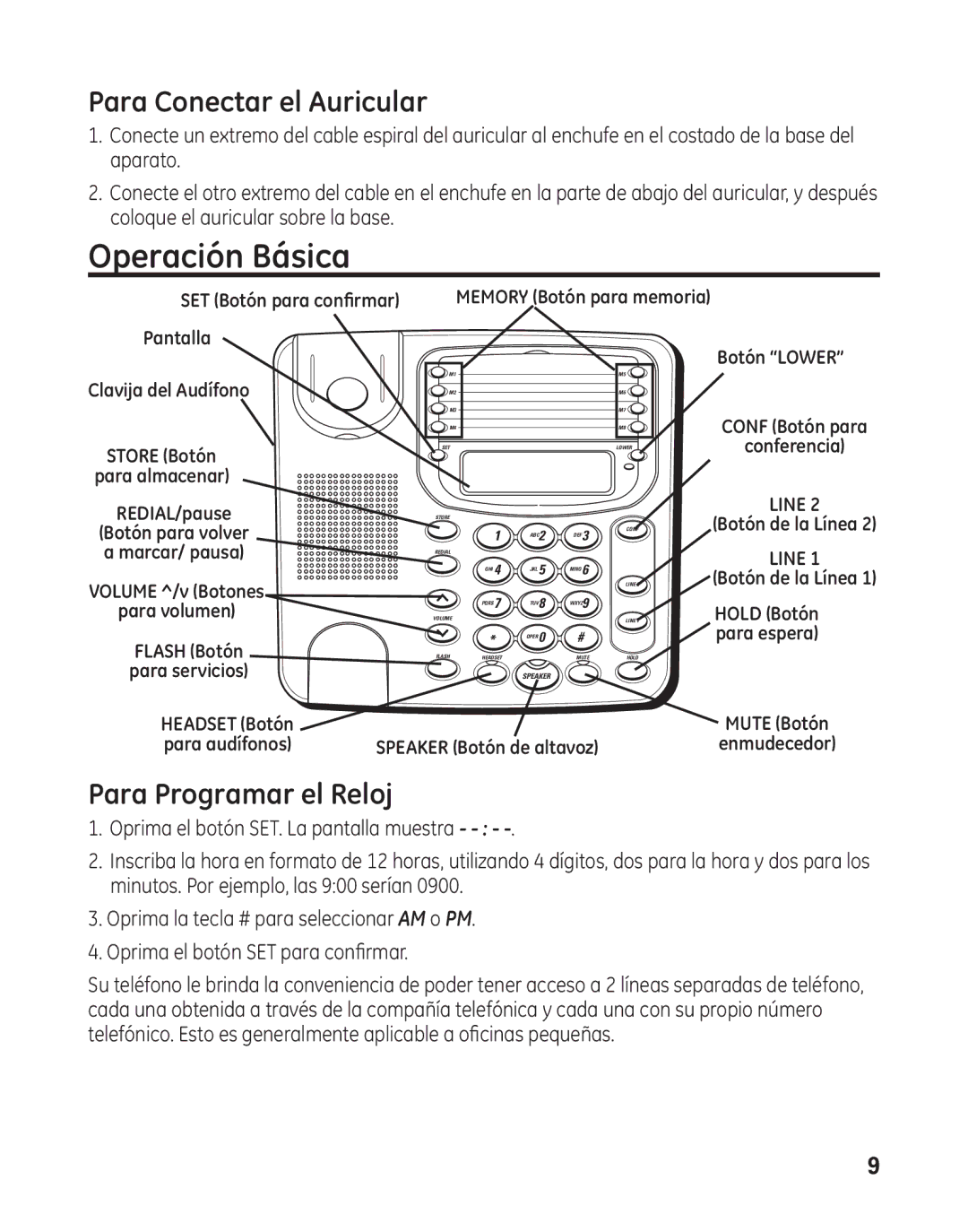 GE 29484GE2 manual Operación Básica, Para Conectar el Auricular, Para Programar el Reloj 