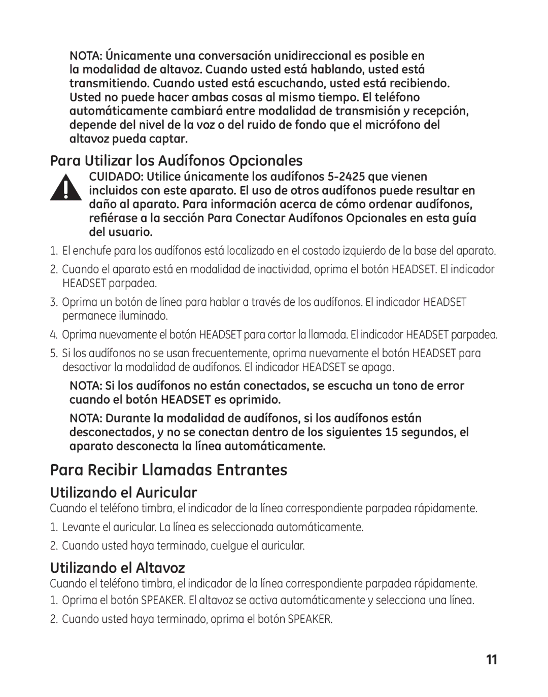 GE 29484GE2 manual Para Recibir Llamadas Entrantes, Para Utilizar los Audífonos Opcionales 