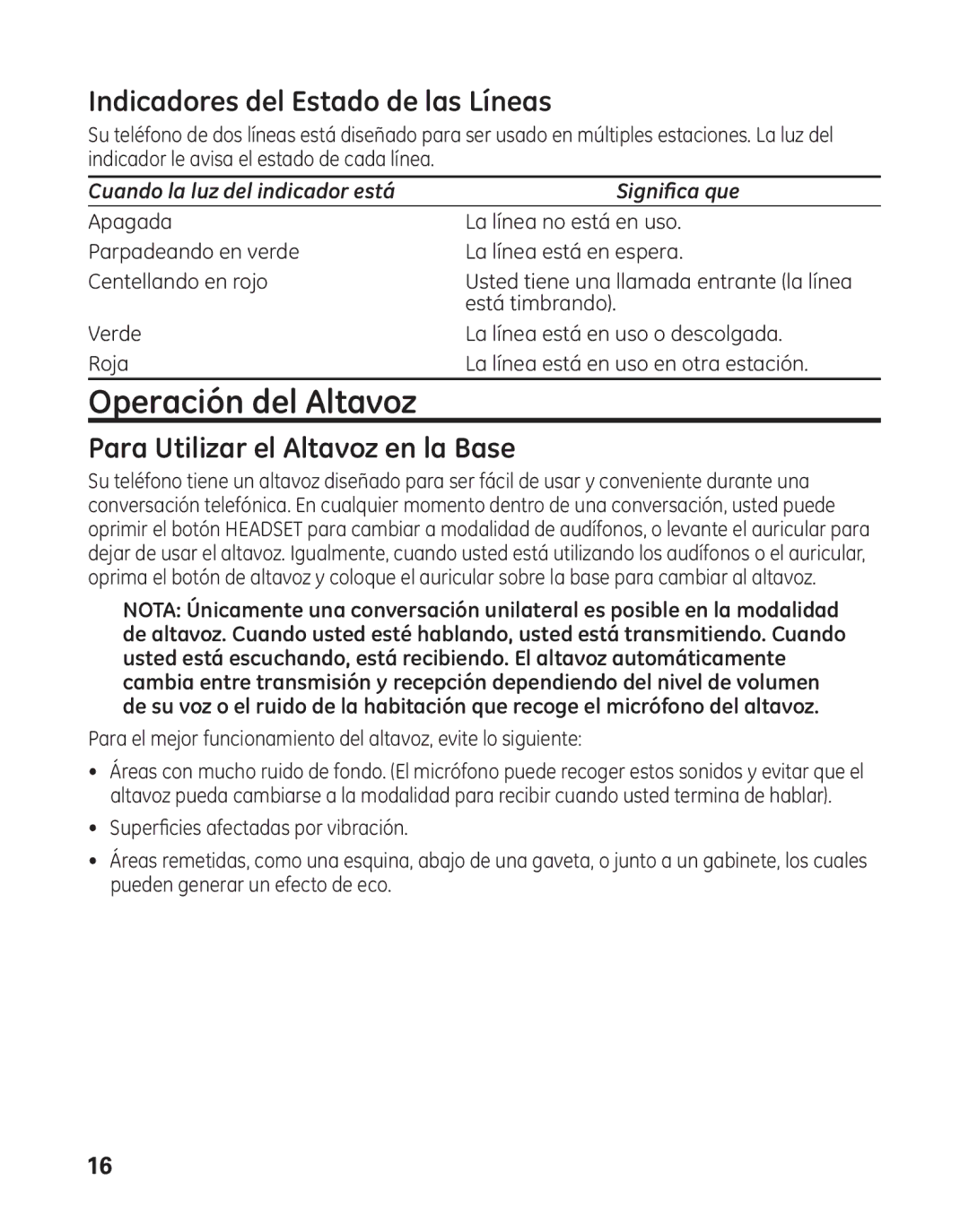 GE 29484GE2 manual Indicadores del Estado de las Líneas, Para Utilizar el Altavoz en la Base 