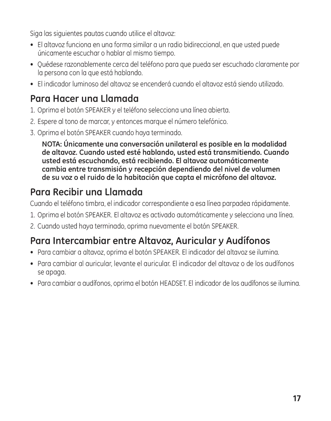 GE 29484GE2 manual Para Recibir una Llamada, Para Intercambiar entre Altavoz, Auricular y Audífonos 