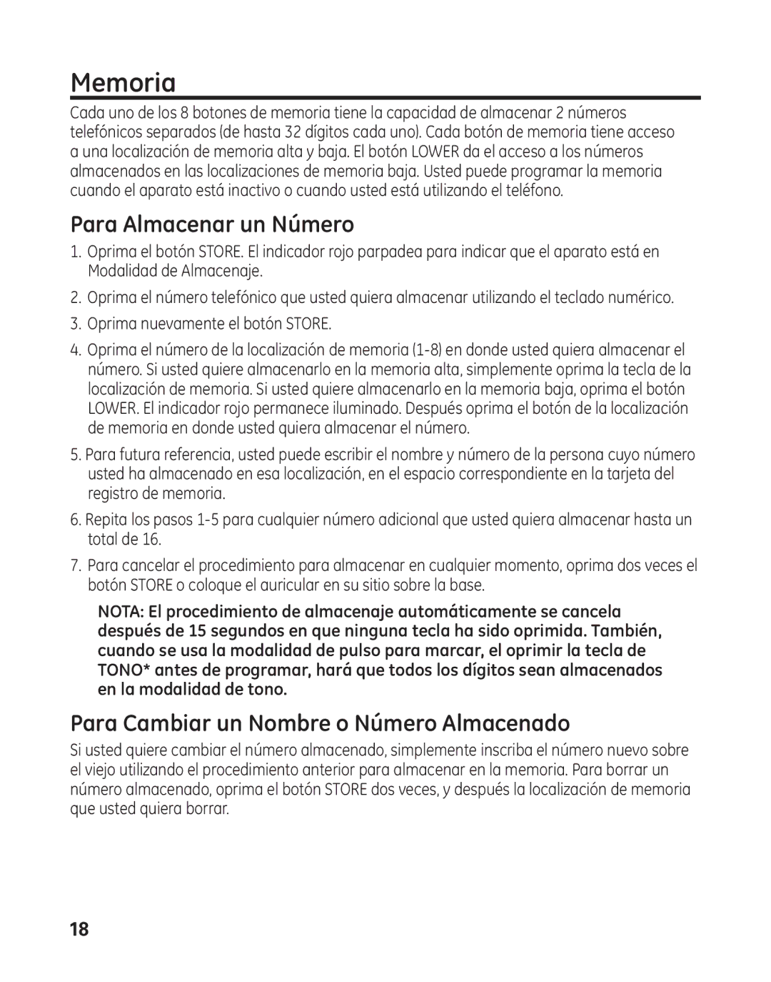 GE 29484GE2 manual Memoria, Para Almacenar un Número, Para Cambiar un Nombre o Número Almacenado 