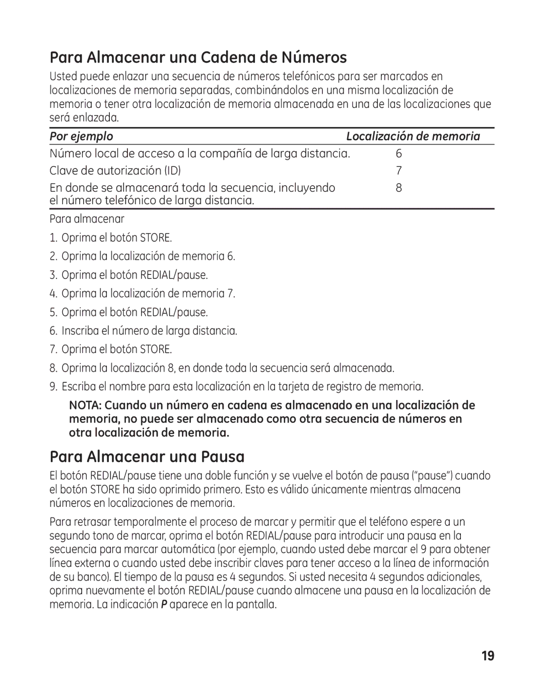 GE 29484GE2 manual Para Almacenar una Cadena de Números, Para Almacenar una Pausa 