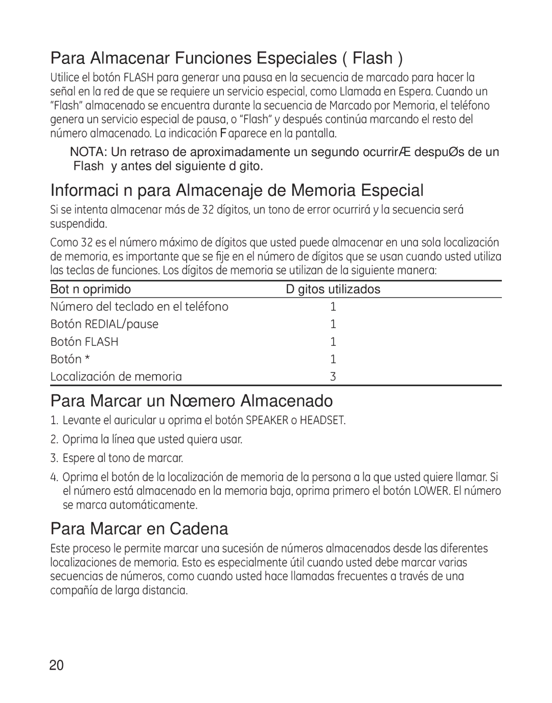 GE 29484GE2 manual Para Almacenar Funciones Especiales Flash, Información para Almacenaje de Memoria Especial 