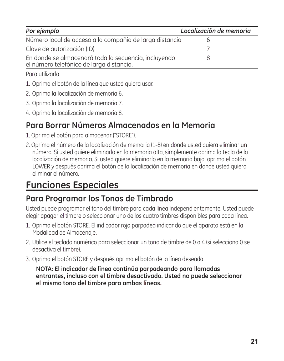 GE 29484GE2 Funciones Especiales, Para Borrar Números Almacenados en la Memoria, Para Programar los Tonos de Timbrado 